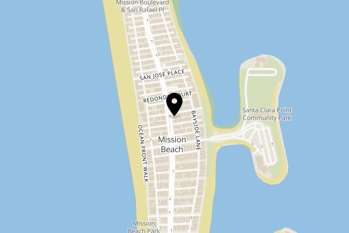 Map showing the location of Rosaria Pizza on 3741 Mission Blvd. in San Diego